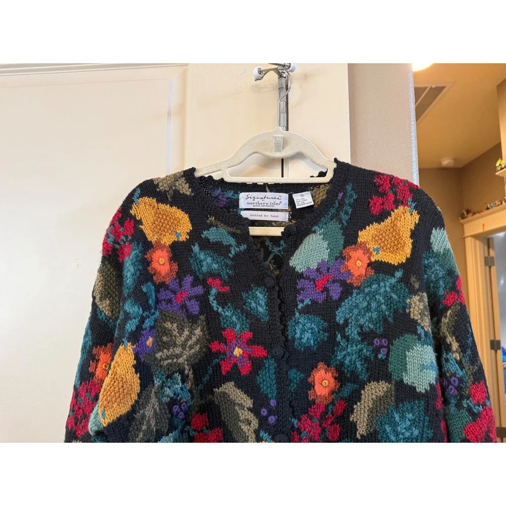 Vtg‎ Signature by Northern Isles M Handknit 100% Wool Colorful Cardigan Sweater - Picture 2 of 11